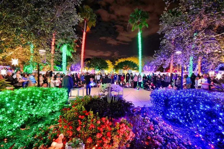 A garden walk-through lit with colorful holiday lights
